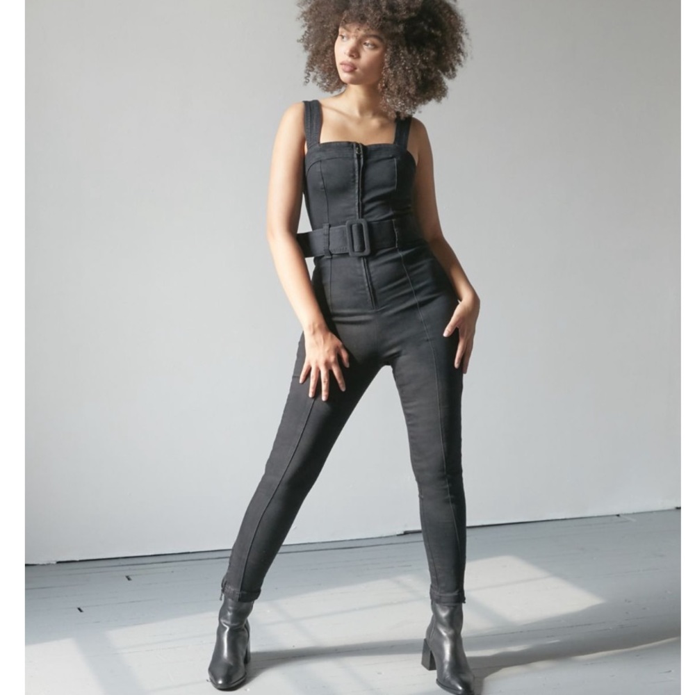 UO Imogen Black Denim Zip-Front Jumpsuit